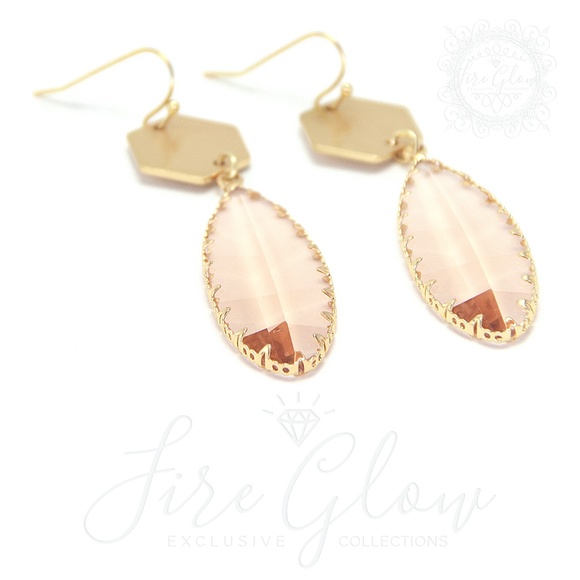 Peach Teardrop Gem Brushed Gold Tone Hex Earrings - Picture 11 of 15